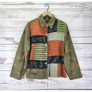 Mirasol Jacket Shirt Size XL Embroidered Floral Cotton Linen Silk Blend Boho